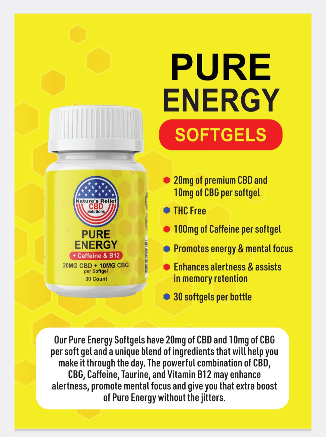 Pure Energy 20mg CBD + 10mg CBG +100mg Caffeine + B12 - 30 Count Softgels
